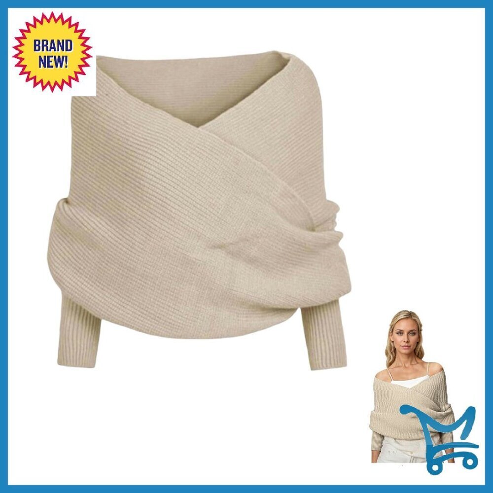 Knitted Sweater Scarf with Sleeves, V-Neck, Cozy Winter Wrap Shrug
